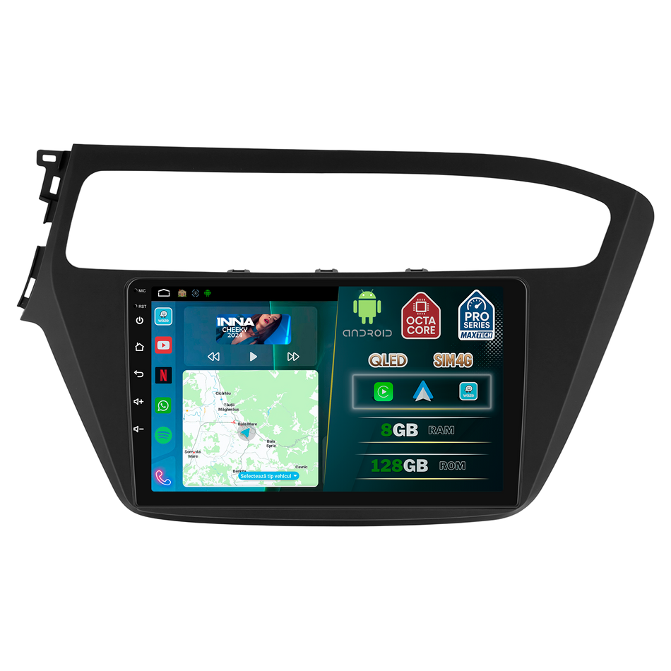 Navigatie Hyundai i20 2018–2020 dedicata, MaxTech® PRO SERIES, 8 GB Ram 128 GB Rom, OctaCore, Carplay si Android auto, Ecran 9” HD Touch, Sim 4G, ADI/HI-Res, GPS, Wifi, Bluetooth, Radio, USB, EQ, DSP, Waze