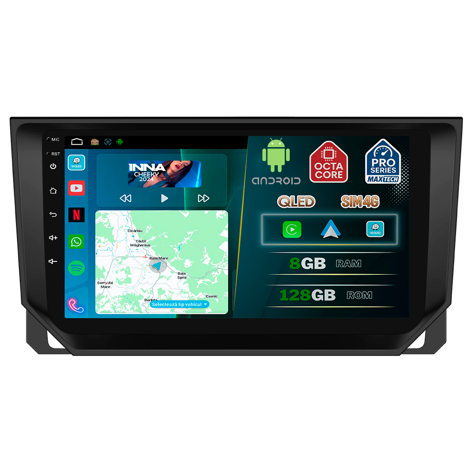 Navigatie Seat Ibiza 2017–2020 cu canbus dedicata, MaxTech® PRO SERIES, 8 GB Ram 128 GB Rom, OctaCore, Carplay si Android auto, Ecran 9” HD Touch, Sim 4G, ADI/HI-Res, GPS, Wifi, Bluetooth, Radio, USB, EQ, DSP, Waze