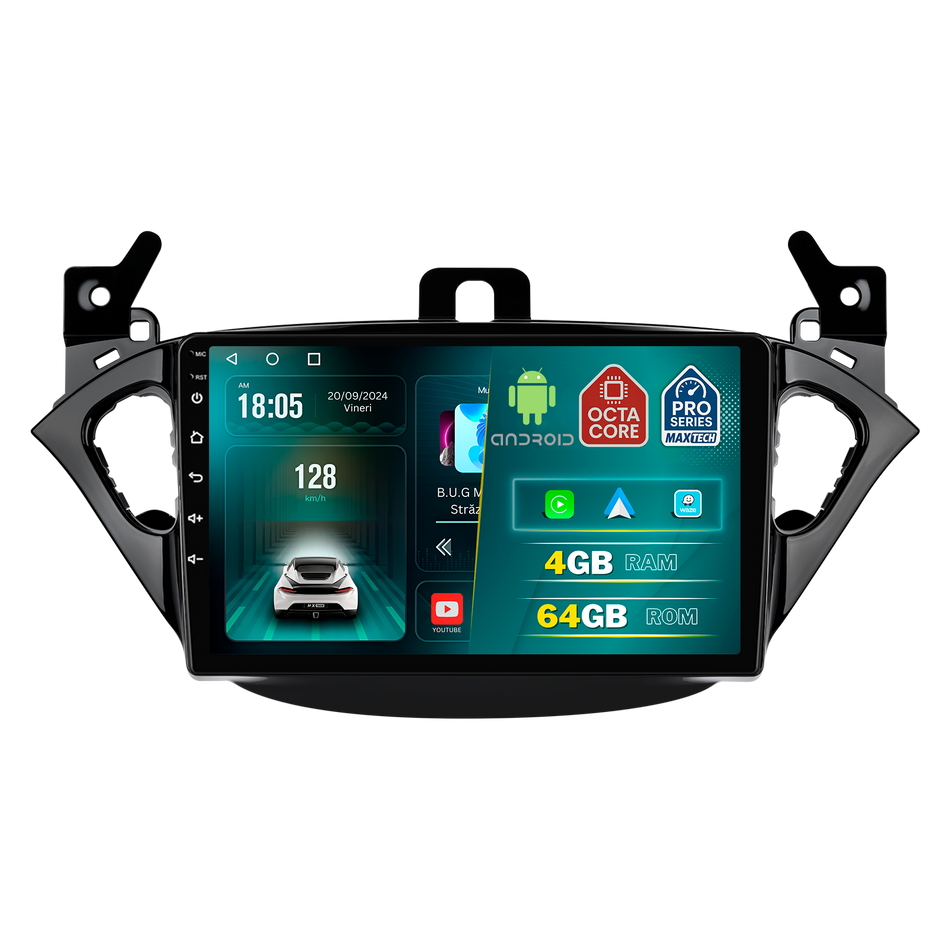 Navigatie Opel Corsa E 2014–2019 / Opel Adam 2013–2016 dedicata, MaxTech® PRO SERIES, 4 GB Ram 64 GB Rom, Carplay si Android auto, Ecran 9 ” HD Touch, GPS, Wifi, Bluetooth, Radio, USB, EQ, DSP, Waze