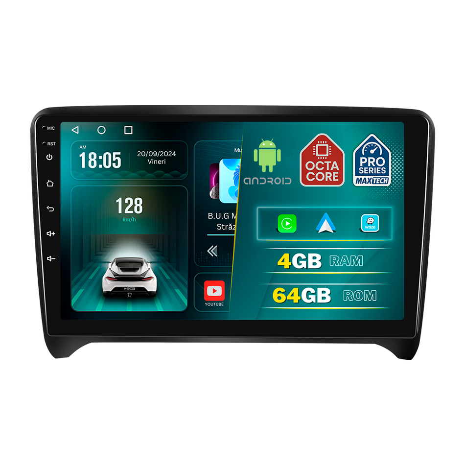 Navigatie Audi TT 8J ( 2008–2014 ) dedicata, MaxTech® PRO SERIES, 4 GB Ram 64 GB Rom, Carplay si Android auto, Ecran 9 ” HD Touch, GPS, Wifi, Bluetooth, Radio, USB, EQ, DSP, Waze