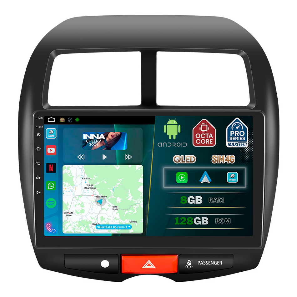 Navigatie Mitsubishi ASX 2013–2016 / Peugeot 4008 2013–2016 dedicata, MaxTech® PRO SERIES, 8 GB Ram 128 GB Rom, OctaCore, Carplay si Android auto, Ecran 10” HD Touch, Sim 4G, ADI/HI-Res, GPS, Wifi, Bluetooth, Radio, USB, EQ, DSP, Waze