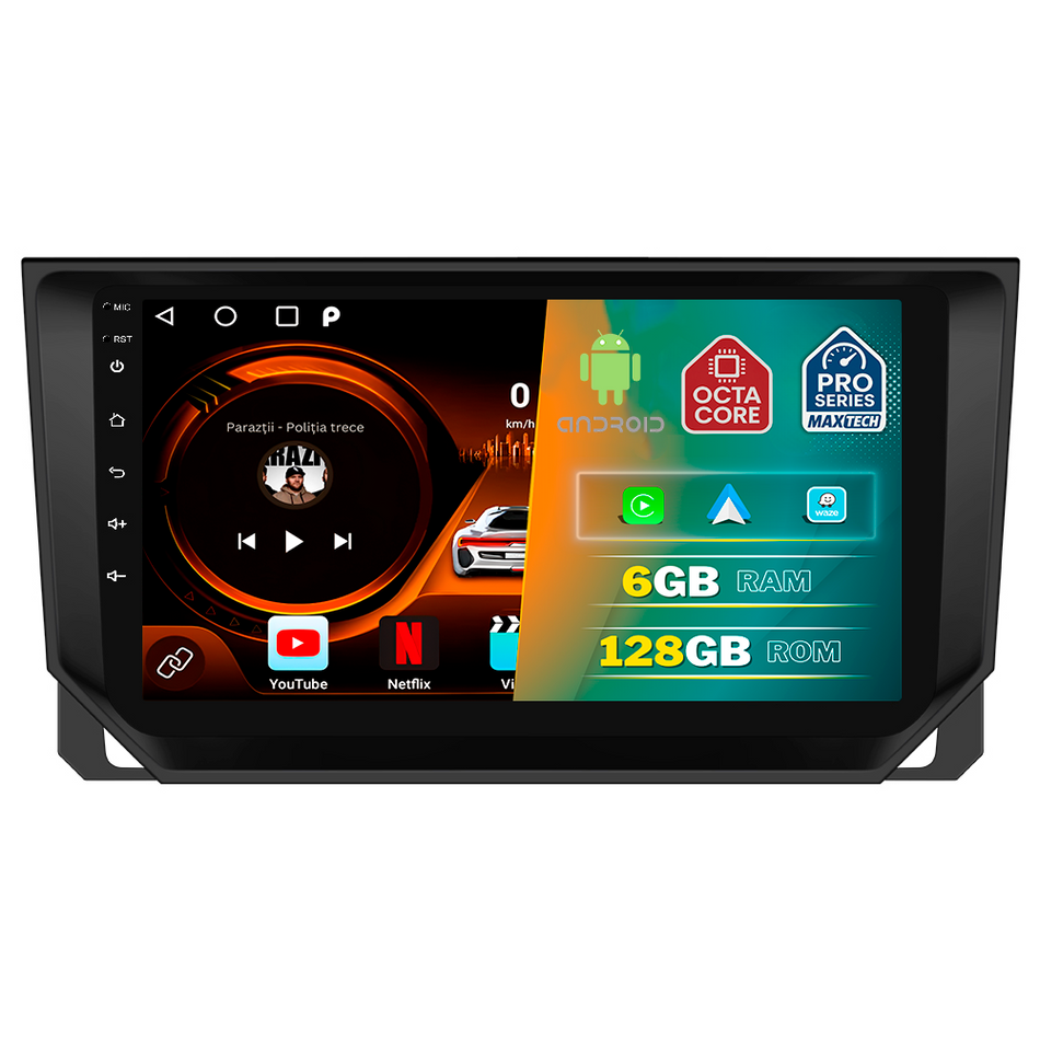 Navigatie Seat Ibiza 2017–2020 cu canbus dedicata, MaxTech® PRO SERIES, 6 GB Ram 128 GB Rom, Carplay si Android auto, Ecran 9” HD Touch, GPS, Wifi, Bluetooth, Radio, USB, EQ, DSP, Waze