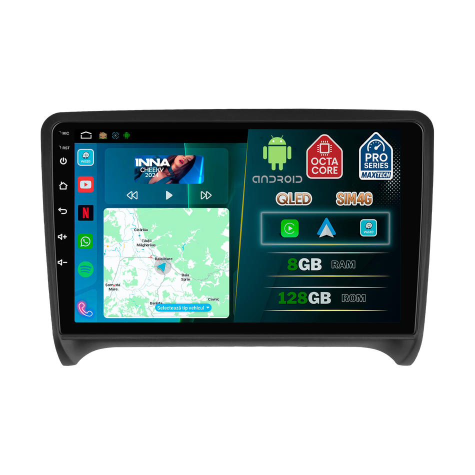 Navigatie Audi TT ( 2006–2014 ) dedicata, MaxTech® PRO SERIES, 8 GB Ram 128 GB Rom, OctaCore, Carplay si Android auto, Ecran 9” HD Touch, Sim 4G, ADI/HI-Res, GPS, Wifi, Bluetooth, Radio, USB, EQ, DSP, Waze