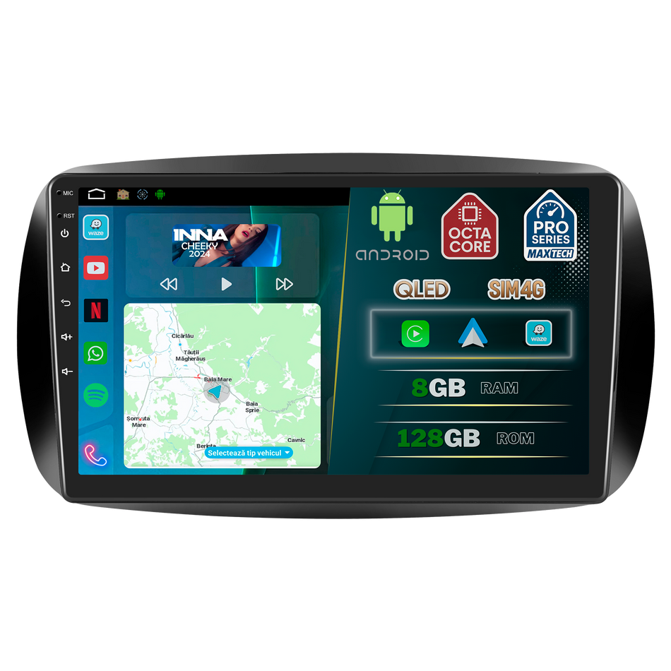 Navigatie Smart ForTwo / ForFour 2014–2019 dedicata, MaxTech® PRO SERIES, 8 GB Ram 128 GB Rom, OctaCore, Carplay si Android auto, Ecran 9” HD Touch, Sim 4G, ADI/HI-Res, GPS, Wifi, Bluetooth, Radio, USB, EQ, DSP, Waze