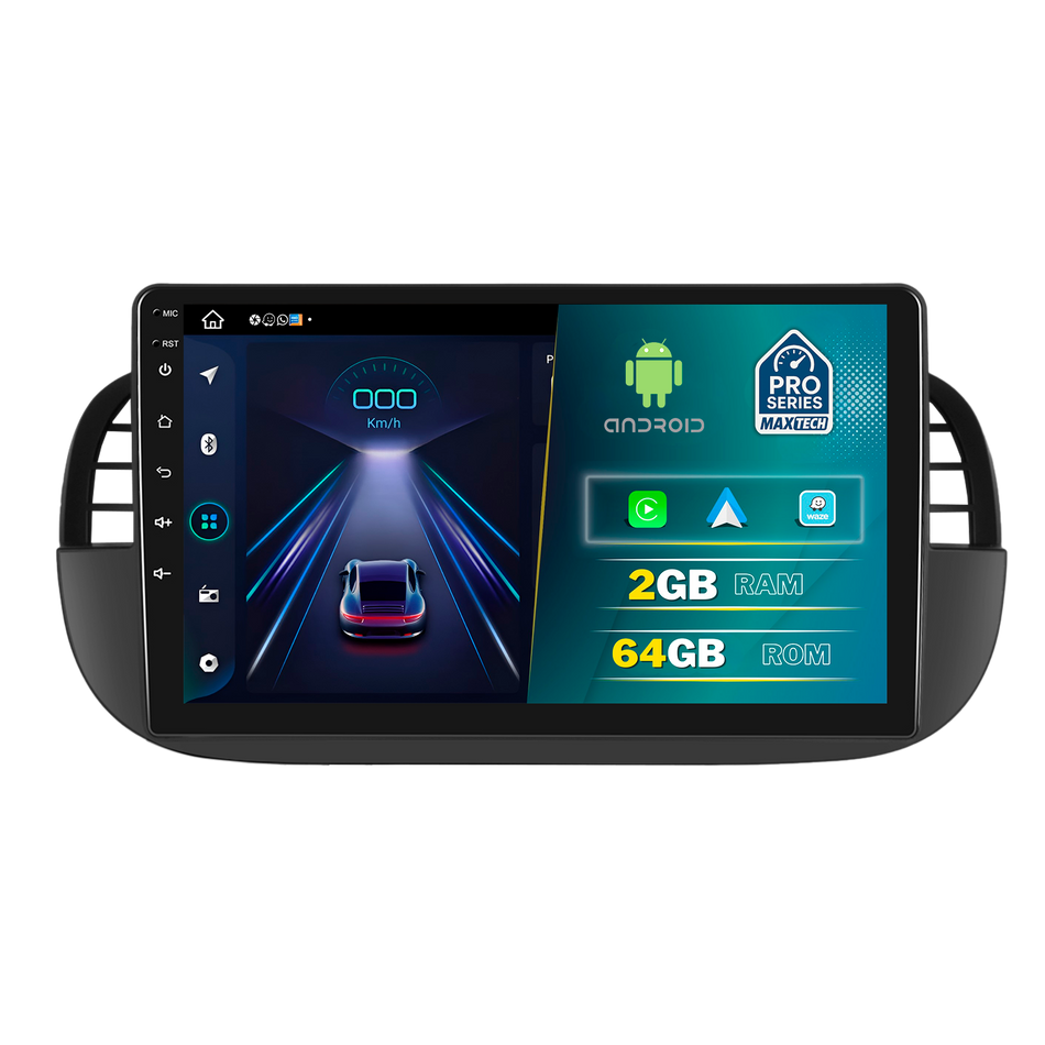 Navigatie  Fiat 500 2007–2015 dedicata, MaxTech® PRO SERIES, 2 GB Ram 64 GB Rom, Carplay si Android auto, Ecran 9” HD Touch, GPS, Wifi, Bluetooth, Radio, USB, EQ, DSP, Waze