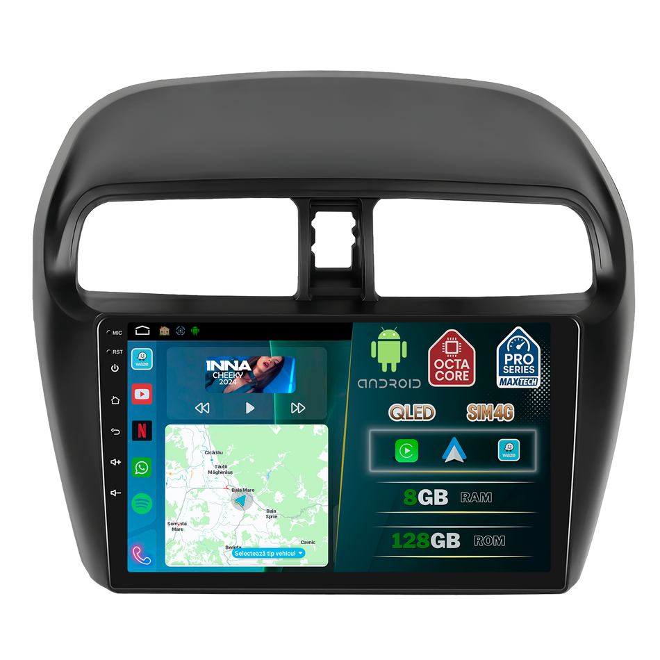 Navigatie Mitsubishi Mirage 2012–2016 dedicata, MaxTech® PRO SERIES, 8 GB Ram 128 GB Rom, OctaCore, Carplay si Android auto, Ecran 9” HD Touch, Sim 4G, ADI/HI-Res, GPS, Wifi, Bluetooth, Radio, USB, EQ, DSP, Waze
