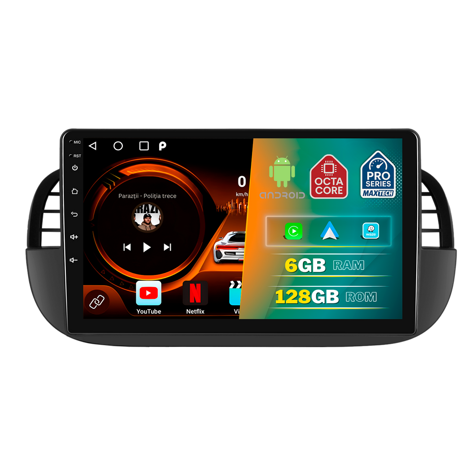 Navigatie Fiat 500 2007–2015 dedicata, MaxTech® PRO SERIES, 6 GB Ram 128 GB Rom, Carplay si Android auto, Ecran 9” HD Touch, GPS, Wifi, Bluetooth, Radio, USB, EQ, DSP, Waze