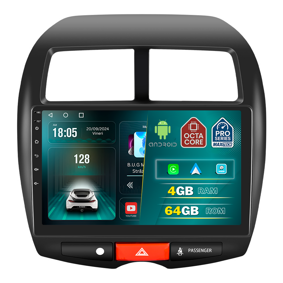 Navigatie Mitsubishi ASX 2013–2016 / Peugeot 4008 2013–2016 dedicata, MaxTech® PRO SERIES, 4 GB Ram 64 GB Rom, Carplay si Android auto, Ecran 10 ” HD Touch, GPS, Wifi, Bluetooth, Radio, USB, EQ, DSP, Waze