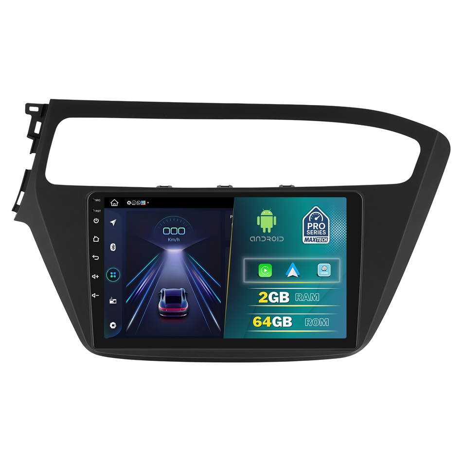 Navigatie Hyundai i20 2018–2020 dedicata, MaxTech® PRO SERIES, 2 GB Ram 64 GB Rom, Carplay si Android auto, Ecran 9” HD Touch, GPS, Wifi, Bluetooth, Radio, USB, EQ, DSP, Waze