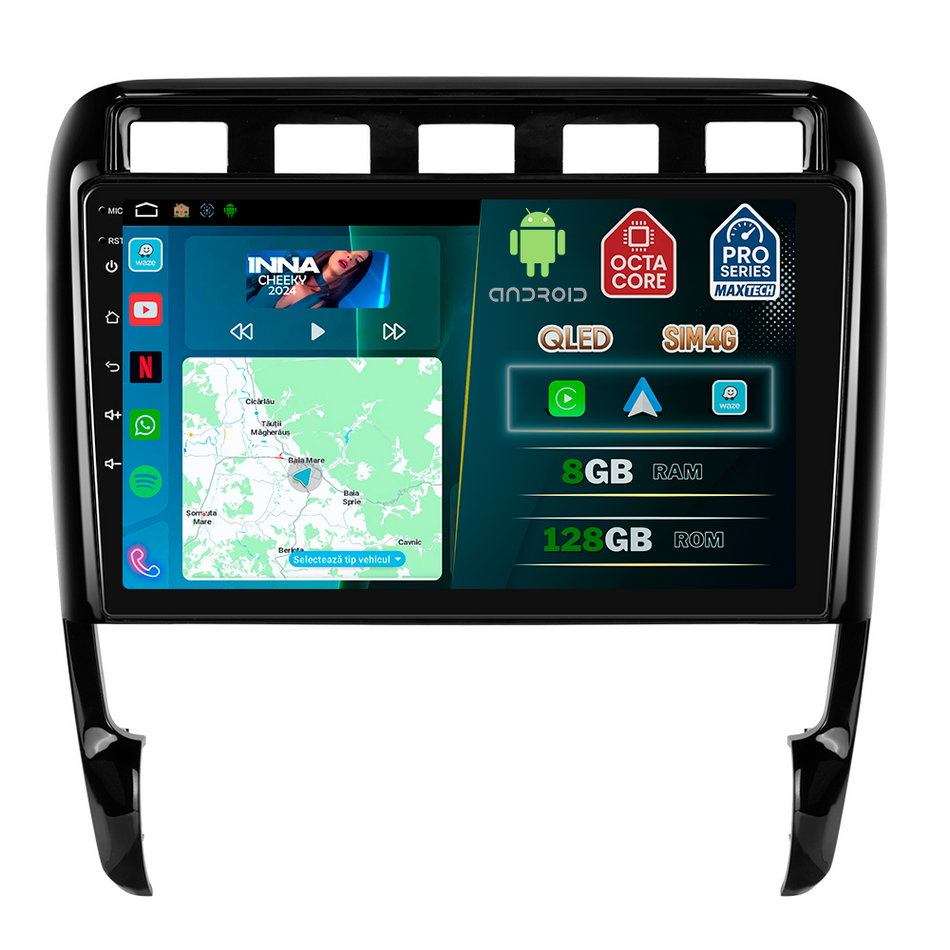 Navigatie Porsche Cayenne I (2003–2010) dedicata, MaxTech® PRO SERIES, 8 GB Ram 128 GB Rom, OctaCore, Carplay si Android auto, Ecran 9” HD Touch, Sim 4G, ADI/HI-Res, GPS, Wifi, Bluetooth, Radio, USB, EQ, DSP, Waze