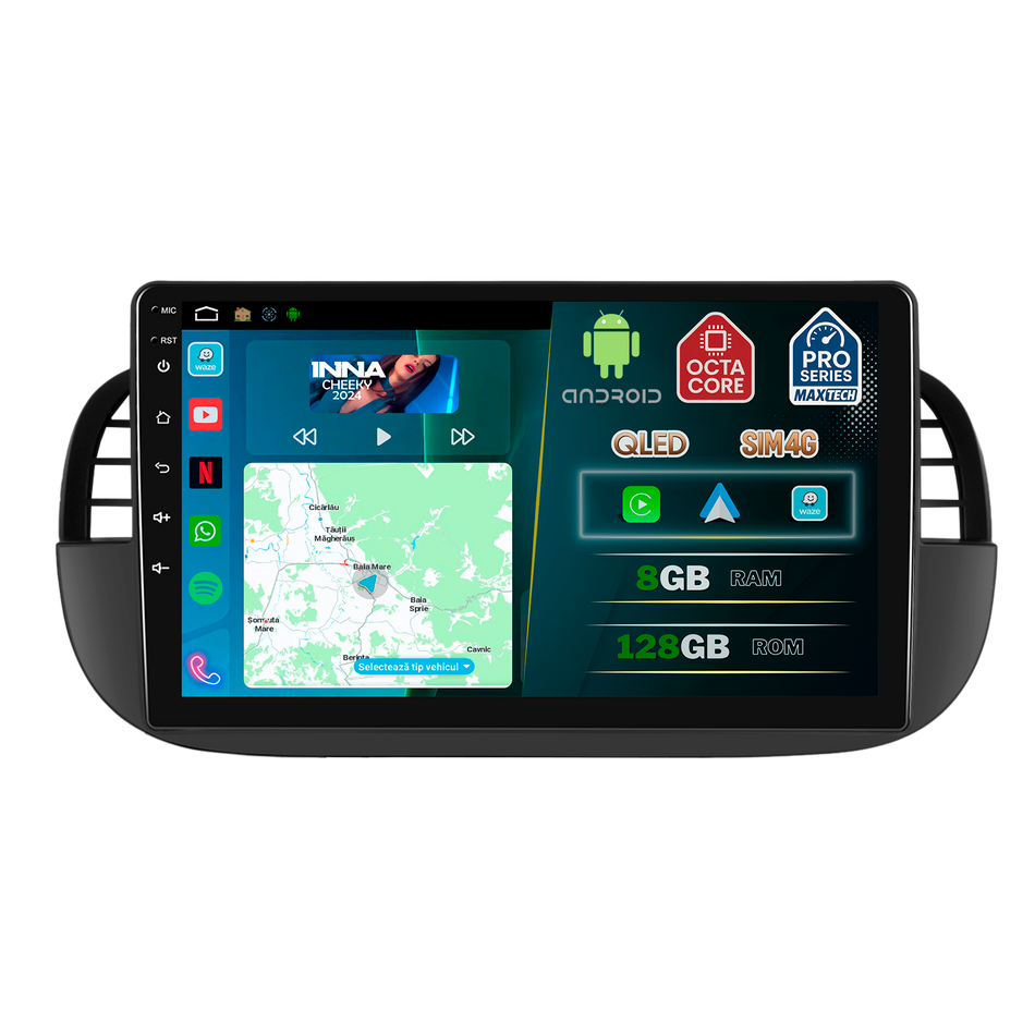Navigatie Fiat 500 2007–2015 dedicata, MaxTech® PRO SERIES, 8 GB Ram 128 GB Rom, OctaCore, Carplay si Android auto, Ecran 9” HD Touch, Sim 4G, ADI/HI-Res, GPS, Wifi, Bluetooth, Radio, USB, EQ, DSP, Waze