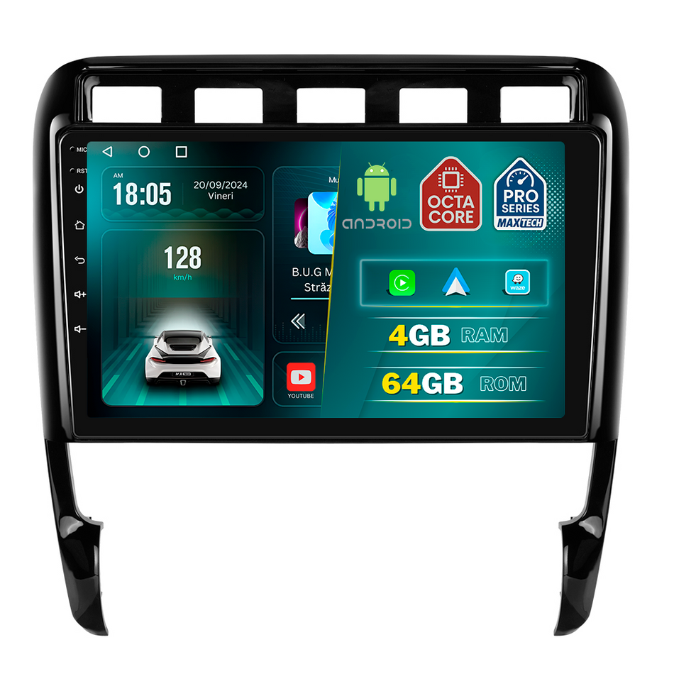 Navigatie Porsche Cayenne I (2003–2010) dedicata, MaxTech® PRO SERIES, 4 GB Ram 64 GB Rom, Carplay si Android auto, Ecran 9 ” HD Touch, GPS, Wifi, Bluetooth, Radio, USB, EQ, DSP, Waze