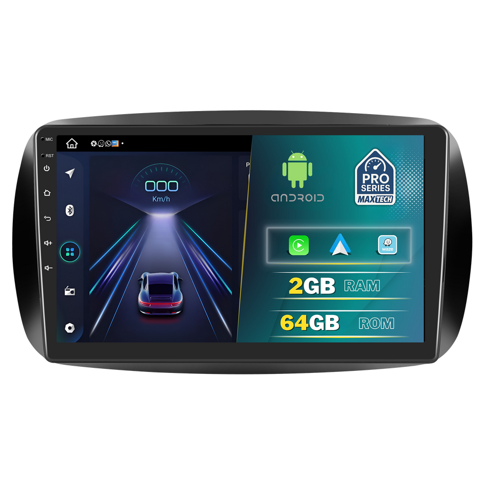 Navigatie Smart ForTwo / ForFour 2014–2019 dedicata, MaxTech® PRO SERIES, 2 GB Ram 64 GB Rom, Carplay si Android auto, Ecran 9” HD Touch, GPS, Wifi, Bluetooth, Radio, USB, EQ, DSP, Waze