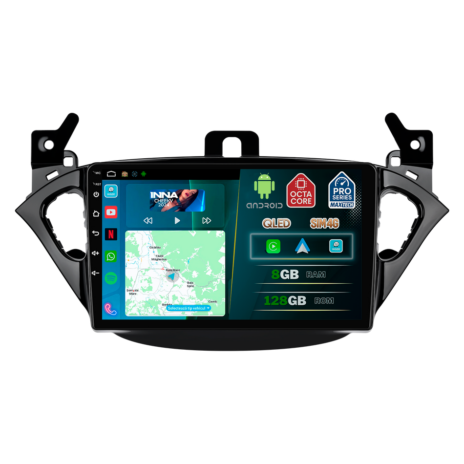 Navigatie Opel Corsa E 2014–2019 / Opel Adam 2013–2016 dedicata, MaxTech® PRO SERIES, 8 GB Ram 128 GB Rom, OctaCore, Carplay si Android auto, Ecran 9” HD Touch, Sim 4G, ADI/HI-Res, GPS, Wifi, Bluetooth, Radio, USB, EQ, DSP, Waze
