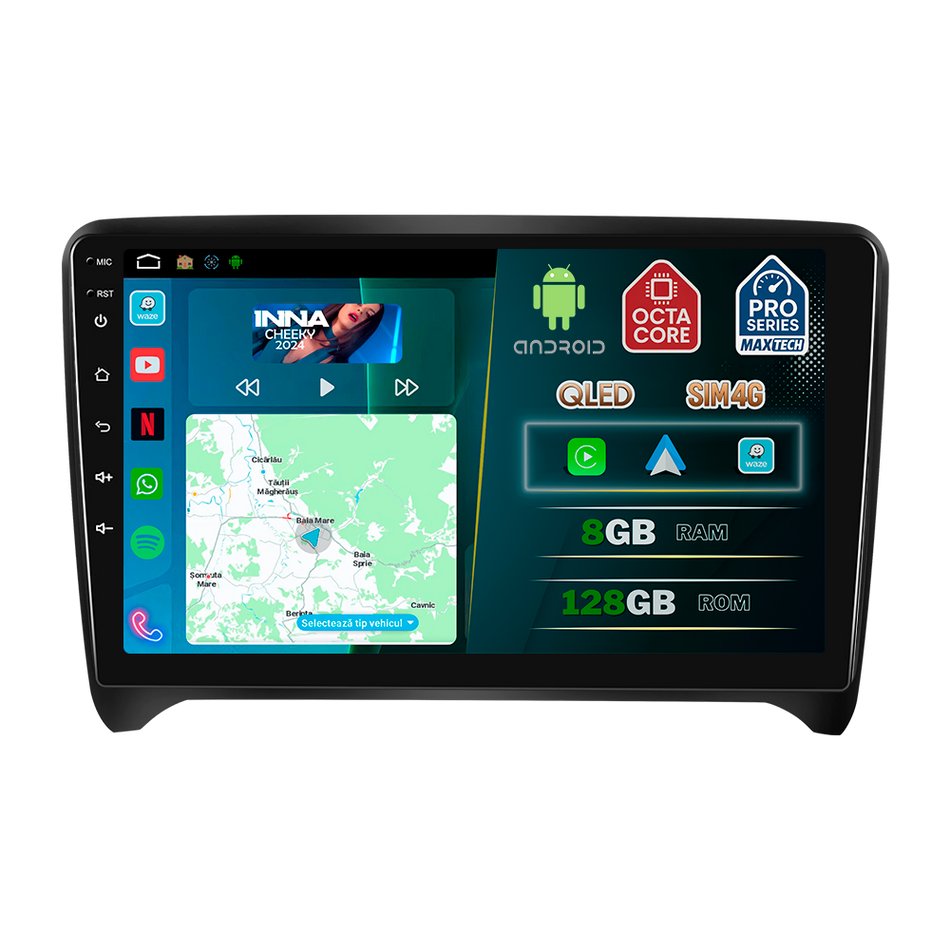 Navigatie Audi TT 8J ( 2008–2014 ) dedicata, MaxTech® PRO SERIES, 8 GB Ram 128 GB Rom, OctaCore, Carplay si Android auto, Ecran 9” HD Touch, Sim 4G, ADI/HI-Res, GPS, Wifi, Bluetooth, Radio, USB, EQ, DSP, Waze