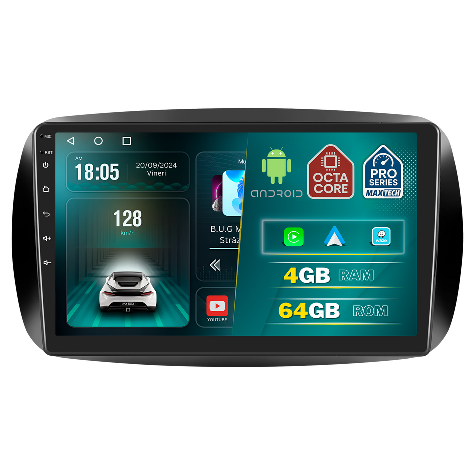 Navigatie Smart ForTwo / ForFour 2014–2019 dedicata, MaxTech® PRO SERIES, 4 GB Ram 64 GB Rom, Carplay si Android auto, Ecran 9 ” HD Touch, GPS, Wifi, Bluetooth, Radio, USB, EQ, DSP, Waze