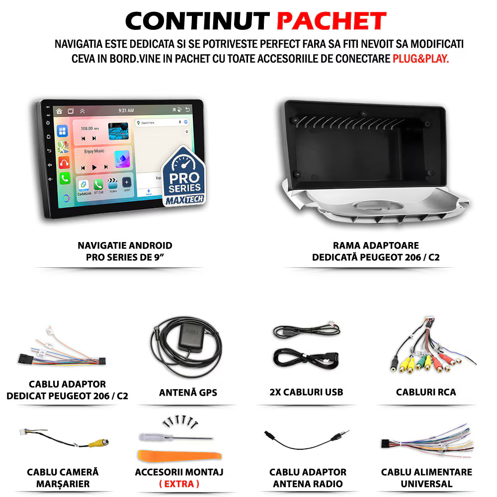 Navigatie Peugeot 206 (2004-2008) facelift  dedicata, MaxTech® PRO SERIES, 2 GB Ram 64 GB Rom, Carplay si Android auto, Ecran 9” HD Touch, GPS, Wifi, Bluetooth, Radio, USB, EQ, DSP, Waze
