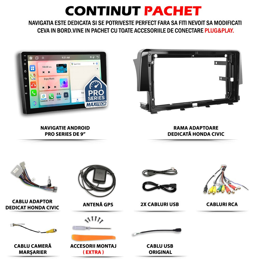 Navigatie Honda Civic X (2017-2021) dedicata, MaxTech® PRO SERIES, 2 GB Ram 64 GB Rom, Carplay si Android auto, Ecran 9” HD Touch, GPS, Wifi, Bluetooth, Radio, USB, EQ, DSP, Waze