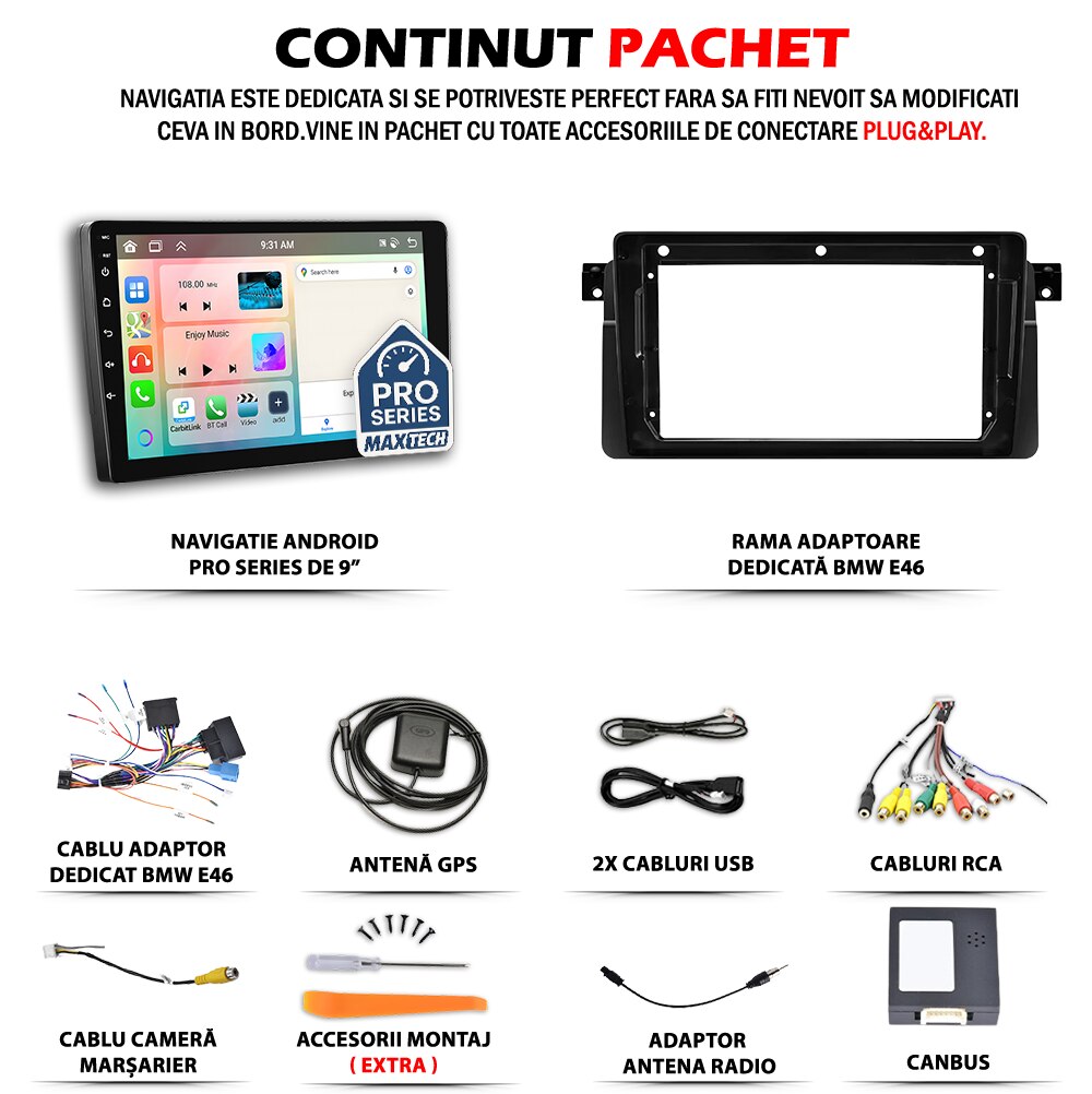 Navigatie  BMW Seria 3 E46 (1999-2005) dedicata, MaxTech® PRO SERIES, 2 GB Ram 64 GB Rom, Carplay si Android auto, Ecran 9” HD Touch, GPS, Wifi, Bluetooth, Radio, USB, EQ, DSP, Waze