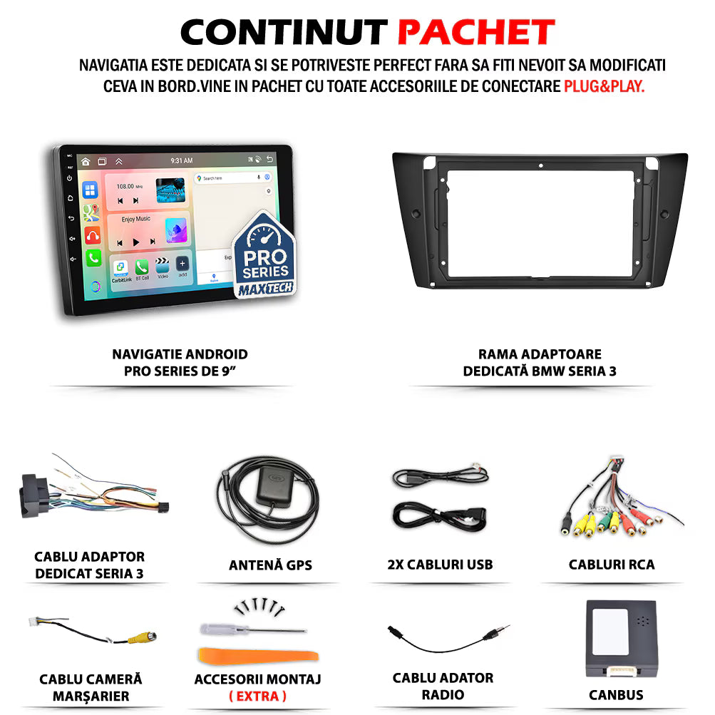 Navigatie  BMW Seria 3 E46 (1999-2005) dedicata, MaxTech® PRO SERIES, 4 GB Ram 64 GB Rom, Carplay si Android auto, Ecran 9 ” HD Touch, GPS, Wifi, Bluetooth, Radio, USB, EQ, DSP, Waze
