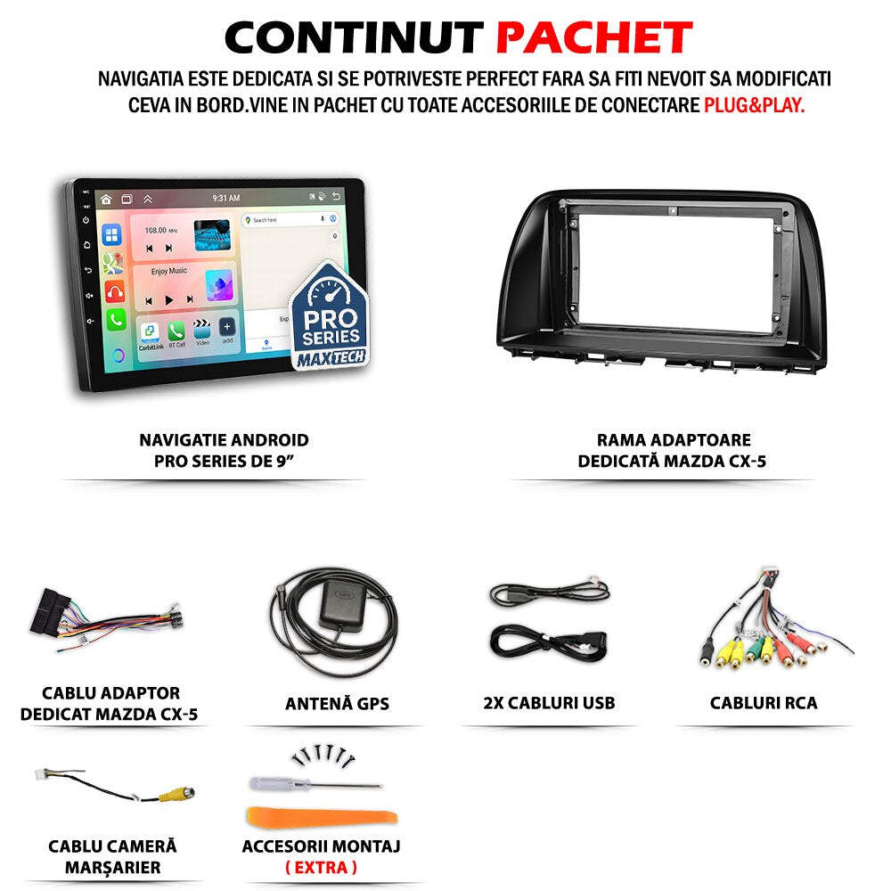 Navigatie Mazda CX-5 I (2012-2014) pre-facelift dedicata, MaxTech® PRO SERIES, 8 GB Ram 128 GB Rom, OctaCore, Carplay si Android auto, Ecran 9” HD Touch, Sim 4G, ADI/HI-Res, GPS, Wifi, Bluetooth, Radio, USB, EQ, DSP, Waze
