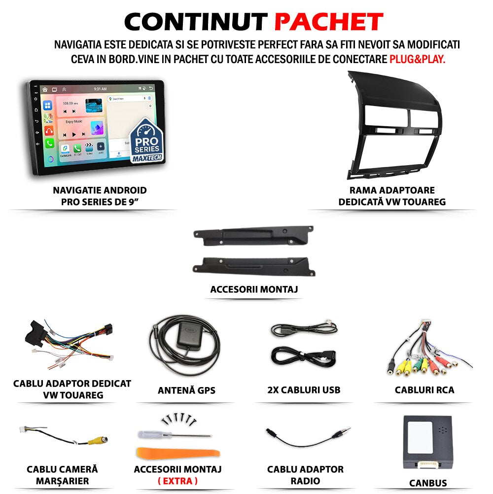 Navigatie Volkswagen Touareg I (2003-2010) dedicata, MaxTech® PRO SERIES, 8 GB Ram 128 GB Rom, OctaCore, Carplay si Android auto, Ecran 9” HD Touch, Sim 4G, ADI/HI-Res, GPS, Wifi, Bluetooth, Radio, USB, EQ, DSP, Waze
