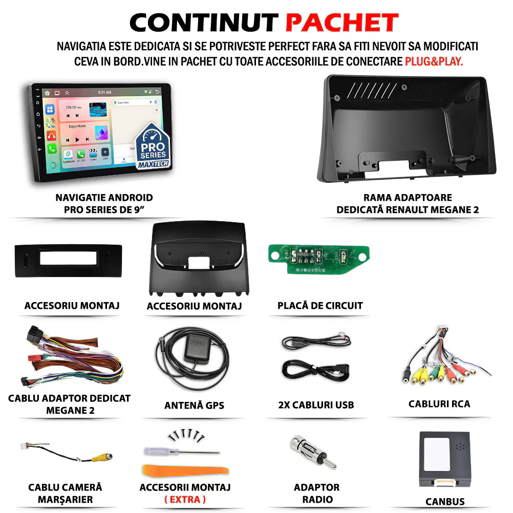 Navigatie Renault Megane II (2002-2009) dedicata, MaxTech® PRO SERIES, 6 GB Ram 128 GB Rom, Carplay si Android auto, Ecran 9” HD Touch, GPS, Wifi, Bluetooth, Radio, USB, EQ, DSP, Waze