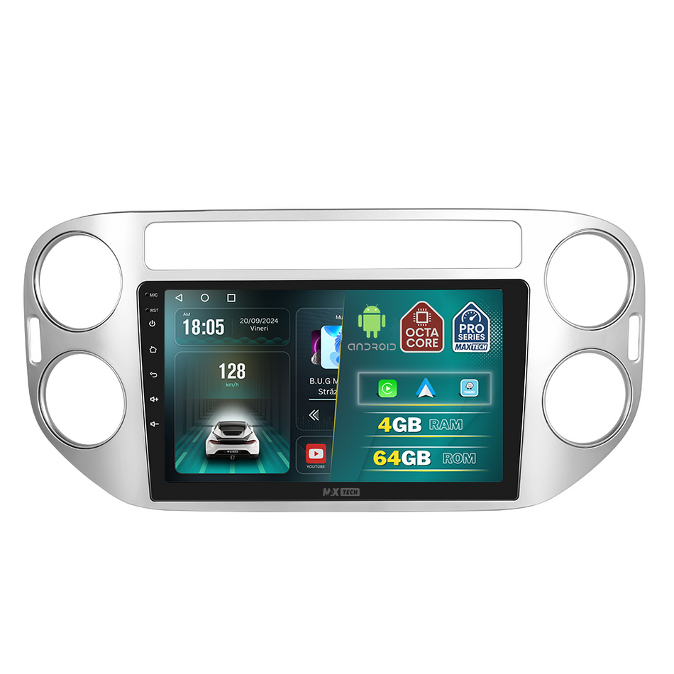 Navigatie Volkswagen Tiguan I (2011-2016) dedicata, MaxTech® PRO SERIES, 4 GB Ram 64 GB Rom, Carplay si Android auto, Ecran 9 ” HD Touch, GPS, Wifi, Bluetooth, Radio, USB, EQ, DSP, Waze