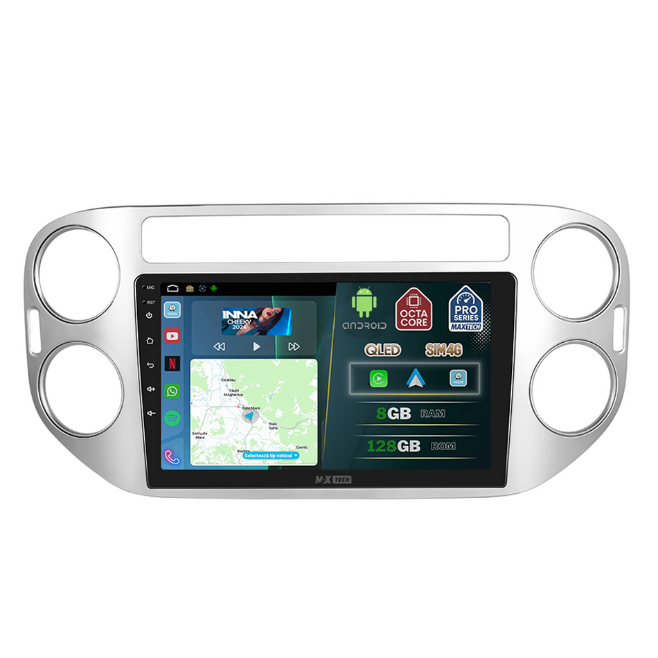 Navigatie Volkswagen Tiguan I (2011-2016) dedicata, MaxTech® PRO SERIES, 8 GB Ram 128 GB Rom, OctaCore, Carplay si Android auto, Ecran 9” HD Touch, Sim 4G, ADI/HI-Res, GPS, Wifi, Bluetooth, Radio, USB, EQ, DSP, Waze