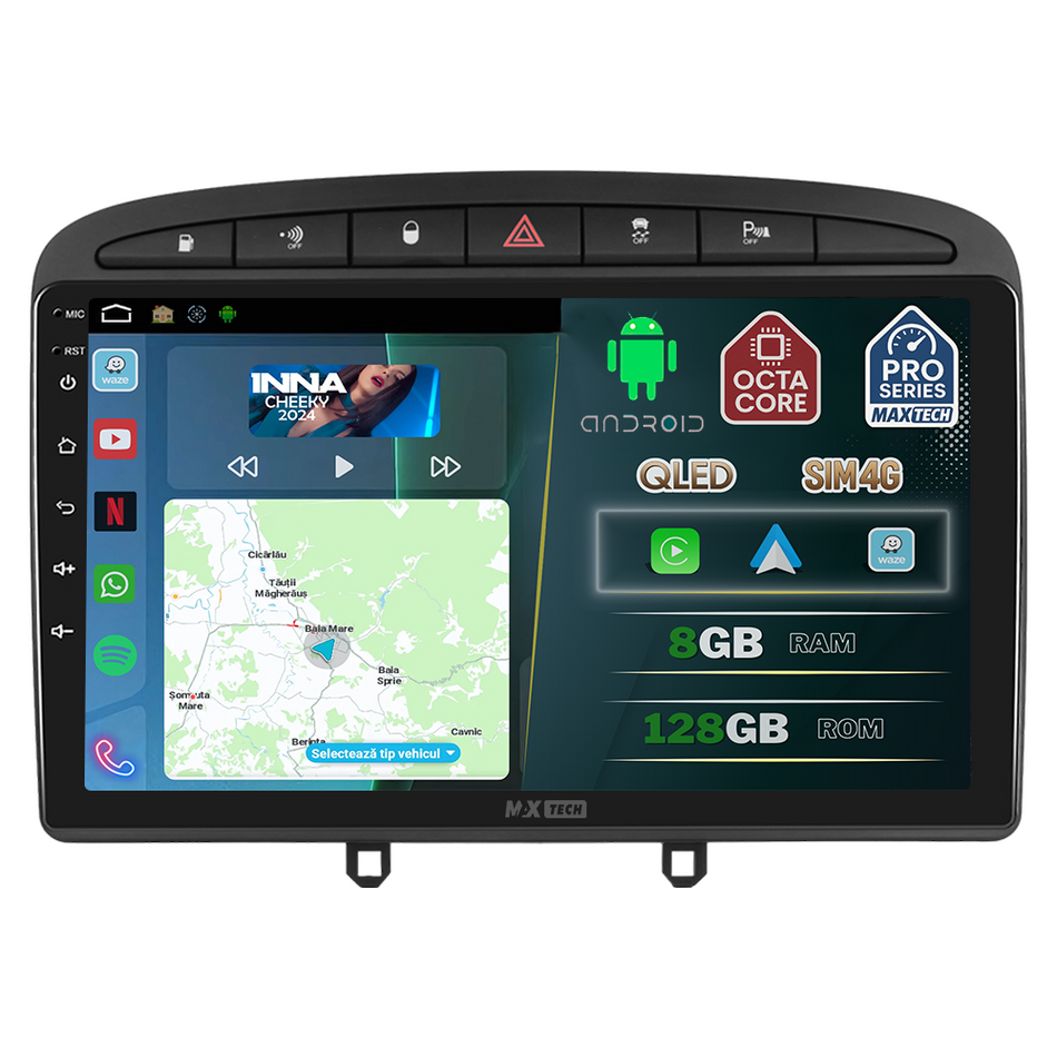 Navigatie Peugeot I 308 (2008–2013)  dedicata,MaxTech® PRO SERIES,8 GB Ram 128 GB Rom, OctaCore,Carplay si Android auto,Ecran 9” HD Touch, Sim 4G, ADI/HI-Res, GPS, Wifi, Bluetooth,Waze