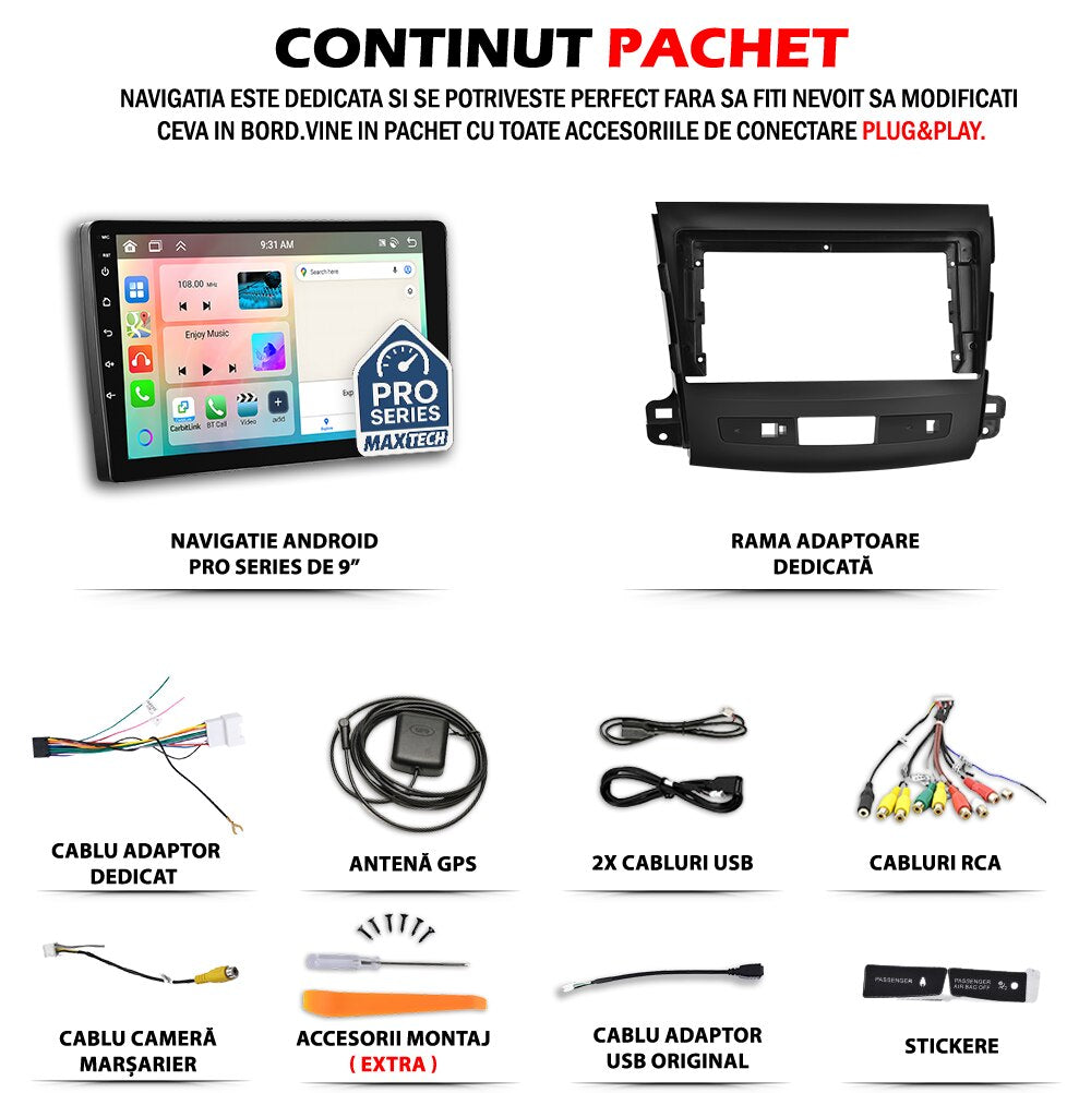 Navigatie Mitsubishi Outlander II (2008-2015) dedicata, MaxTech® PRO SERIES, 2 GB Ram 64 GB Rom, Carplay si Android auto, Ecran 9” HD Touch, GPS, Wifi, Bluetooth, Radio, USB, EQ, DSP, Waze