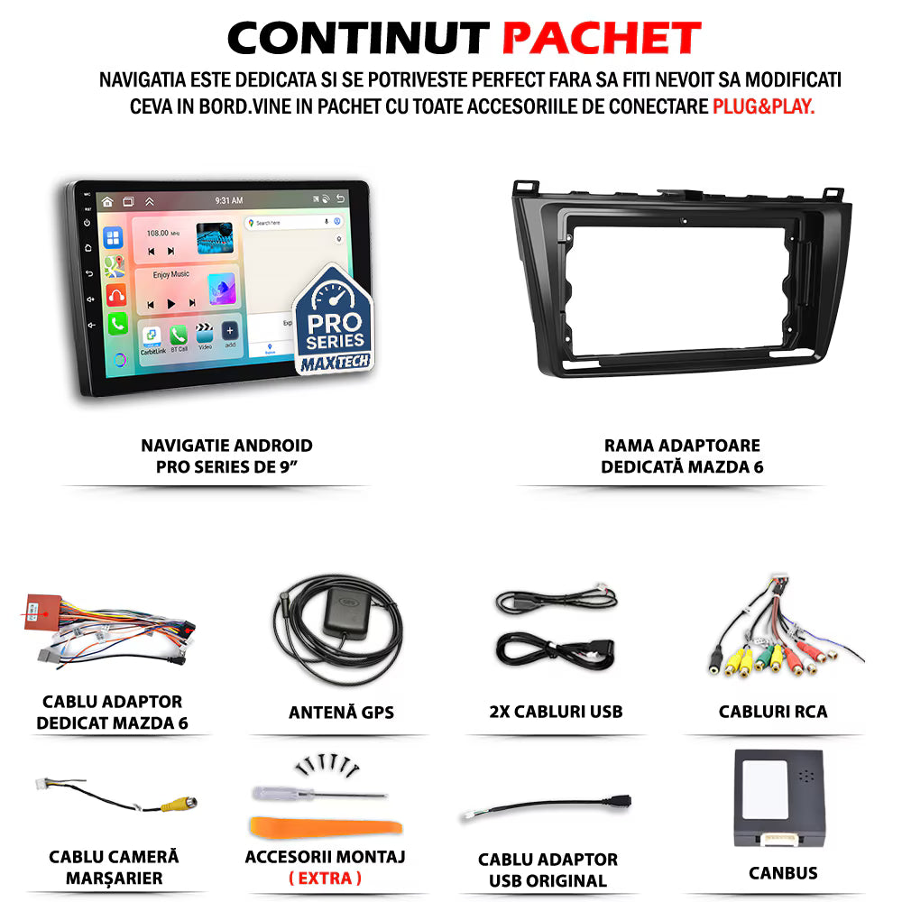 Navigatie Mazda 6 II (2008-2012) dedicata, MaxTech® PRO SERIES, 8 GB Ram 128 GB Rom, OctaCore, Carplay si Android auto, Ecran 9” HD Touch, Sim 4G, ADI/HI-Res, GPS, Wifi, Bluetooth, Radio, USB, EQ, DSP, Waze