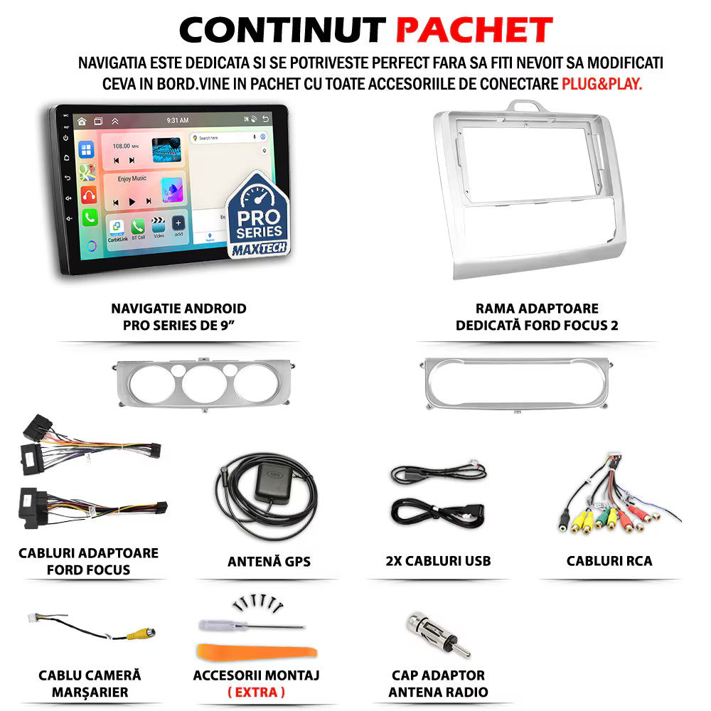 Navigatie Ford Focus 2 (Mk2) 2004-2011  dedicata, MaxTech® PRO SERIES, 4 GB Ram 64 GB Rom, Carplay si Android auto, Ecran 9 ” HD Touch, GPS, Wifi, Bluetooth, Radio, USB, EQ, DSP, Waze