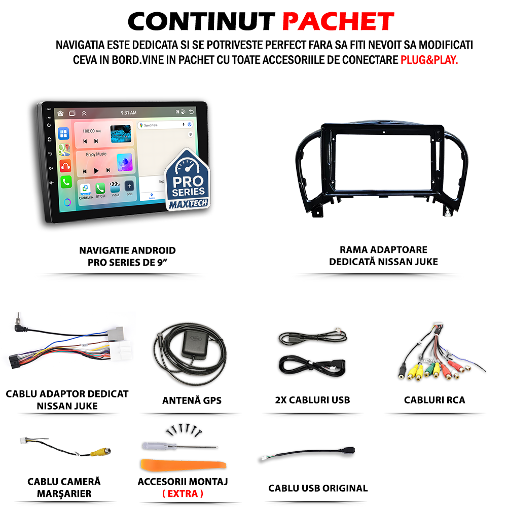 Navigatie Nissan Juke I Facelift (2014-2019) dedicata, MaxTech® PRO SERIES, 2 GB Ram 64 GB Rom, Carplay si Android auto, Ecran 9” HD Touch, GPS, Wifi, Bluetooth, Radio, USB, EQ, DSP, Waze