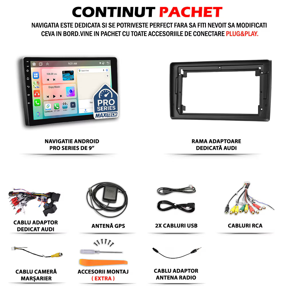 Navigatie Audi A4 B6/B7 (2002-2008) dedicata, MaxTech® PRO SERIES, 6 GB Ram 128 GB Rom, Carplay si Android auto, Ecran 9” HD Touch, GPS, Wifi, Bluetooth, Radio, USB, EQ, DSP, Waze