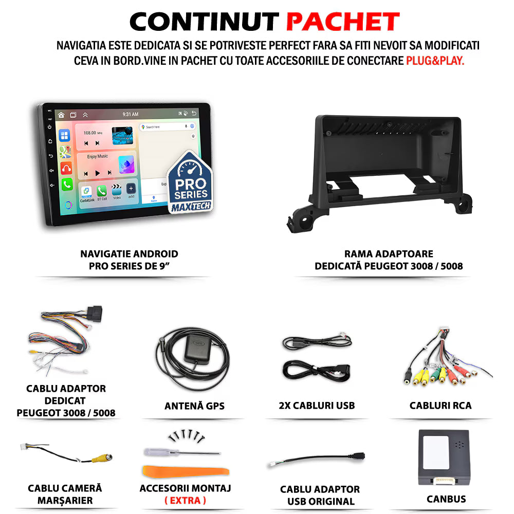 Navigatie Peugeot 5008 II 2017-2020 (pre-facelift) dedicata, MaxTech® PRO SERIES, 2 GB Ram 64 GB Rom, Carplay si Android auto, Ecran 9” HD Touch, GPS, Wifi, Bluetooth, Radio, USB, EQ, DSP, Waze