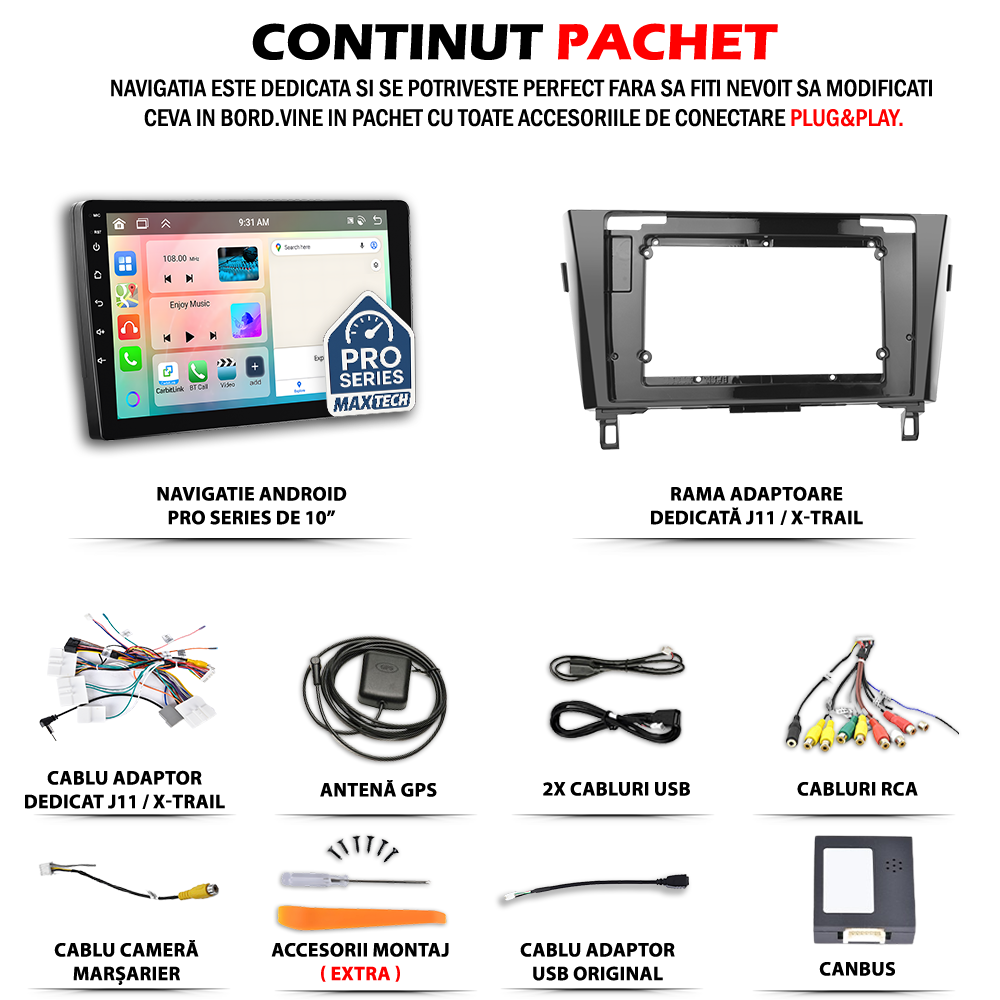Navigatie Nissan Qashqai II J11 / X-trail 2014-2017 III (T32) (Pre-Facelift) dedicata, MaxTech® PRO SERIES, 2 GB Ram 64 GB Rom, Carplay si Android auto, Ecran 10” HD Touch, GPS, Wifi, Bluetooth, Radio, USB, EQ, DSP, Waze