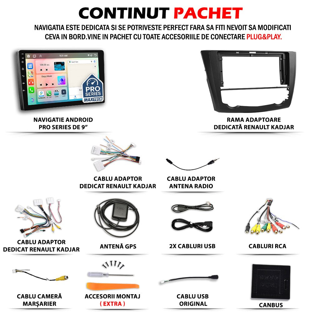 Navigatie Renault Kadjar I (2015-2018) pre-facelift dedicata, MaxTech® PRO SERIES, 6 GB Ram 128 GB Rom, Carplay si Android auto, Ecran 9” HD Touch, GPS, Wifi, Bluetooth, Radio, USB, EQ, DSP, Waze