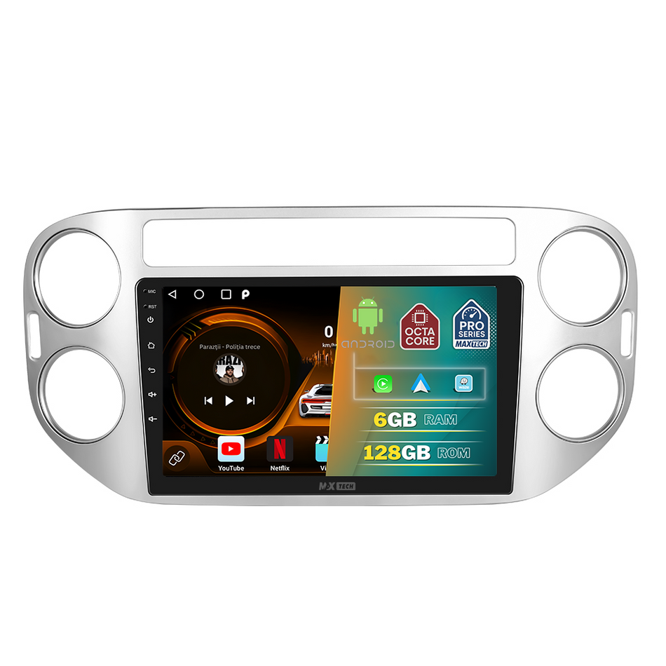 Navigatie Volkswagen Tiguan I (2011-2016) dedicata, MaxTech® PRO SERIES, 6 GB Ram 128 GB Rom, Carplay si Android auto, Ecran 9” HD Touch, GPS, Wifi, Bluetooth, Radio, USB, EQ, DSP, Waze