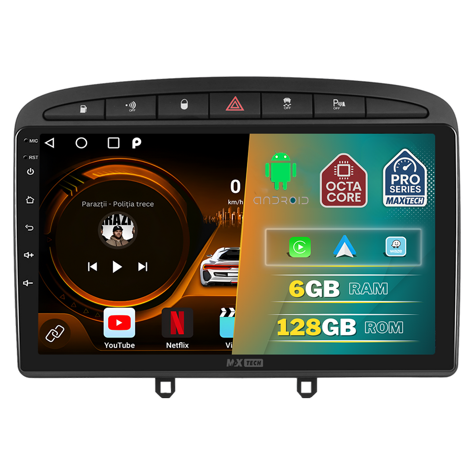 Navigatie Peugeot I 308 (2008–2013)  dedicata, MaxTech® PRO SERIES, 6 GB Ram 128 GB Rom, Carplay si Android auto, Ecran 9” HD Touch, GPS, Wifi, Bluetooth, Radio, USB, EQ, DSP, Waze (Copie)
