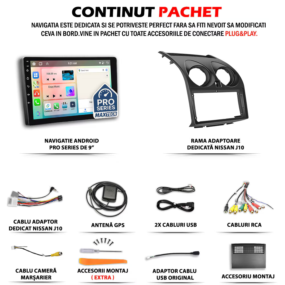 Navigatie Nissan Qashqai I (J10) 2007–2014 dedicata, MaxTech® PRO SERIES, 8 GB Ram 128 GB Rom, OctaCore, Carplay si Android auto, Ecran 9” HD Touch, Sim 4G, ADI/HI-Res, GPS, Wifi, Bluetooth, Radio, USB, EQ, DSP, Waze