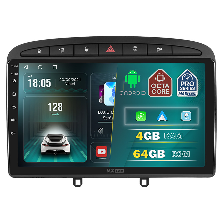 Navigatie Peugeot I 308 (2008–2013) dedicata, MaxTech® PRO SERIES, 4 GB Ram 64 GB Rom, Carplay si Android auto, Ecran 9 ” HD Touch, GPS, Wifi, Bluetooth, Radio, USB, EQ, DSP, Waze