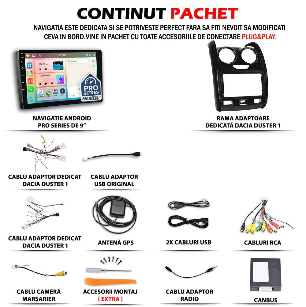 Navigatie Dacia Duster I (2014-2017) Facelift dedicata, MaxTech® PRO SERIES, 2 GB Ram 64 GB Rom, Carplay si Android auto, Ecran 9” HD Touch, GPS, Wifi, Bluetooth, Radio, USB, EQ, DSP, Waze