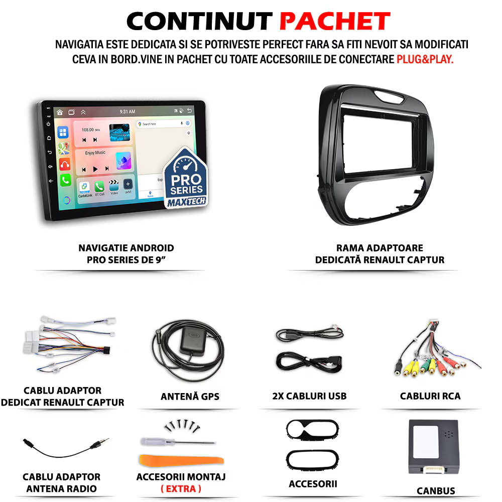 Navigatie Renault Captur I (J87) (2013-2017) pre-facelift dedicata, MaxTech® PRO SERIES, 4 GB Ram 64 GB Rom, Carplay si Android auto, Ecran 9 ” HD Touch, GPS, Wifi, Bluetooth, Radio, USB, EQ, DSP, Waze