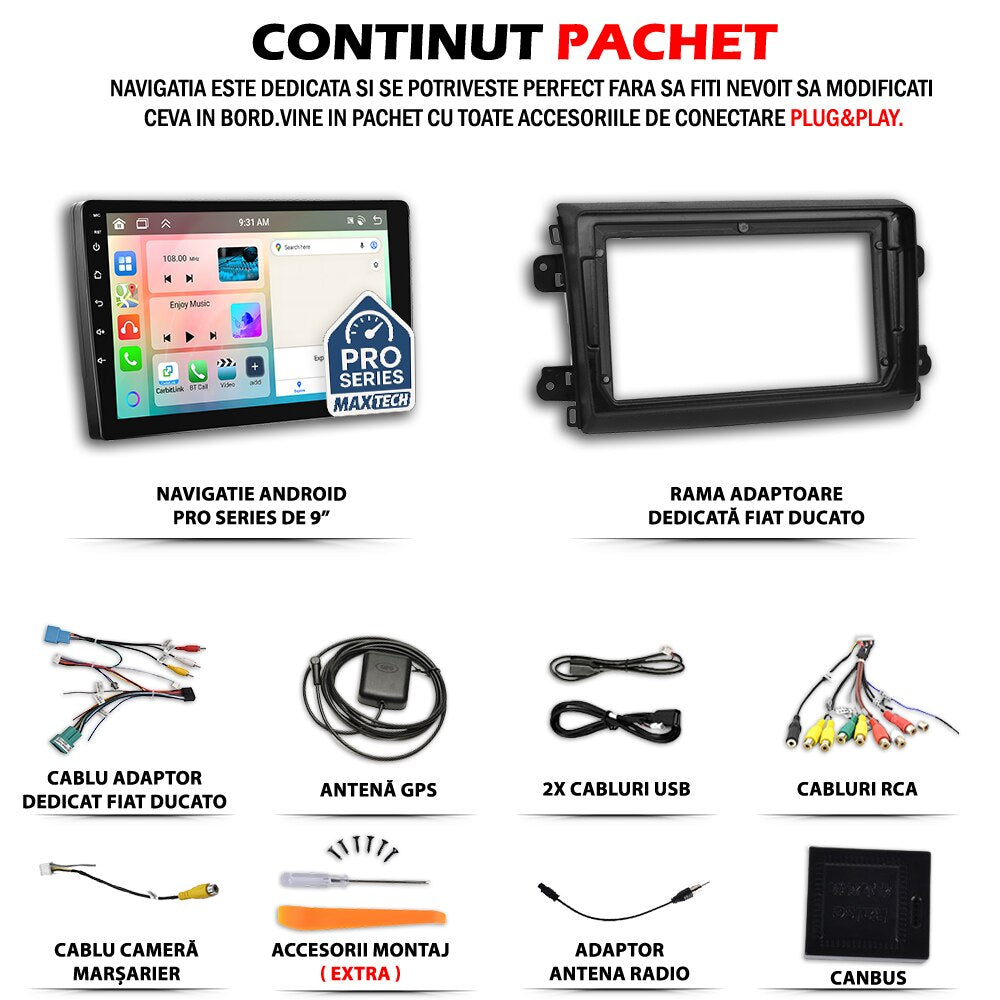 Navigatie Fiat Ducato X290 (2014-2021) facelift dedicata, MaxTech® PRO SERIES, 8 GB Ram 128 GB Rom, OctaCore, Carplay si Android auto, Ecran 9” HD Touch, Sim 4G, ADI/HI-Res, GPS, Wifi, Bluetooth, Radio, USB, EQ, DSP, Waze